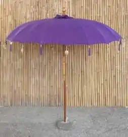 Bali umbrella, royal purple with metal coins and golden hearts hanging around the edge, ø 230 cm and 250cm height 